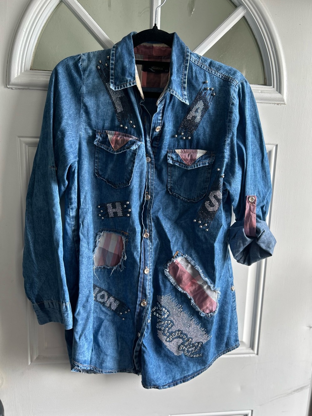 Private Label Blue Denim Button-Down Shirt with Patch Details